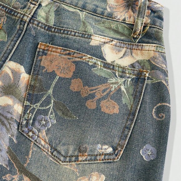 Blue Casual Women's Floral Printed Washed Loose Wide Leg Jeans - Picture 2 of 5